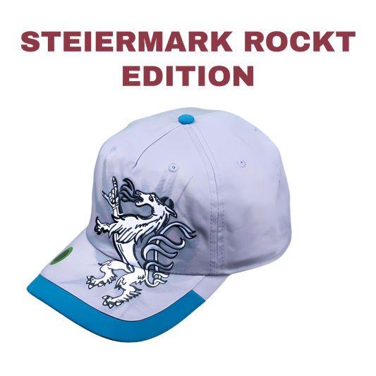 Weiße Steiermark Cap mit blauem Schildrand und gesticktem Panther-Wappen – limitierte Edition